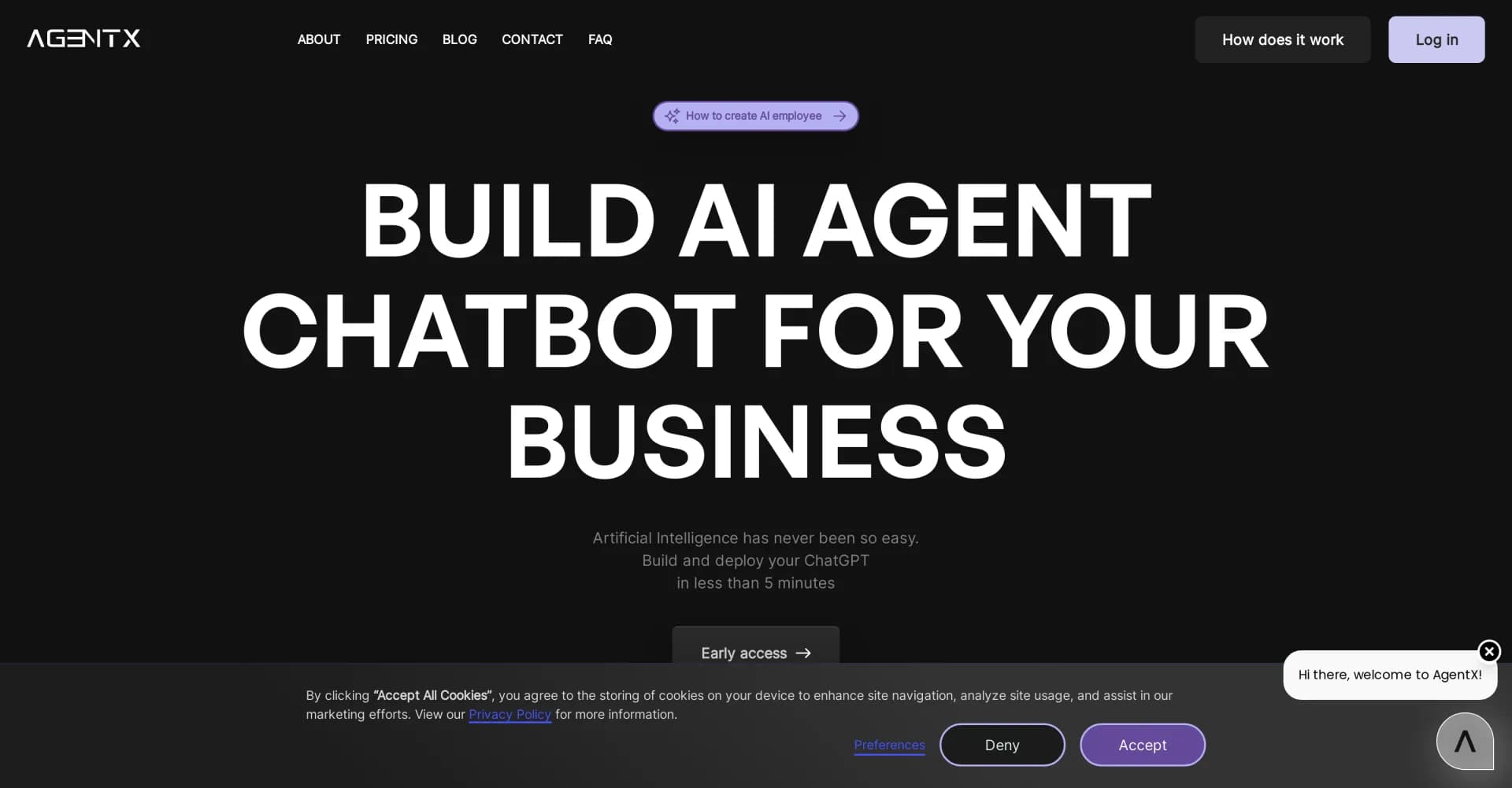 AgentX homepage screenshot — Build and deploy your ChatGPT in minutes