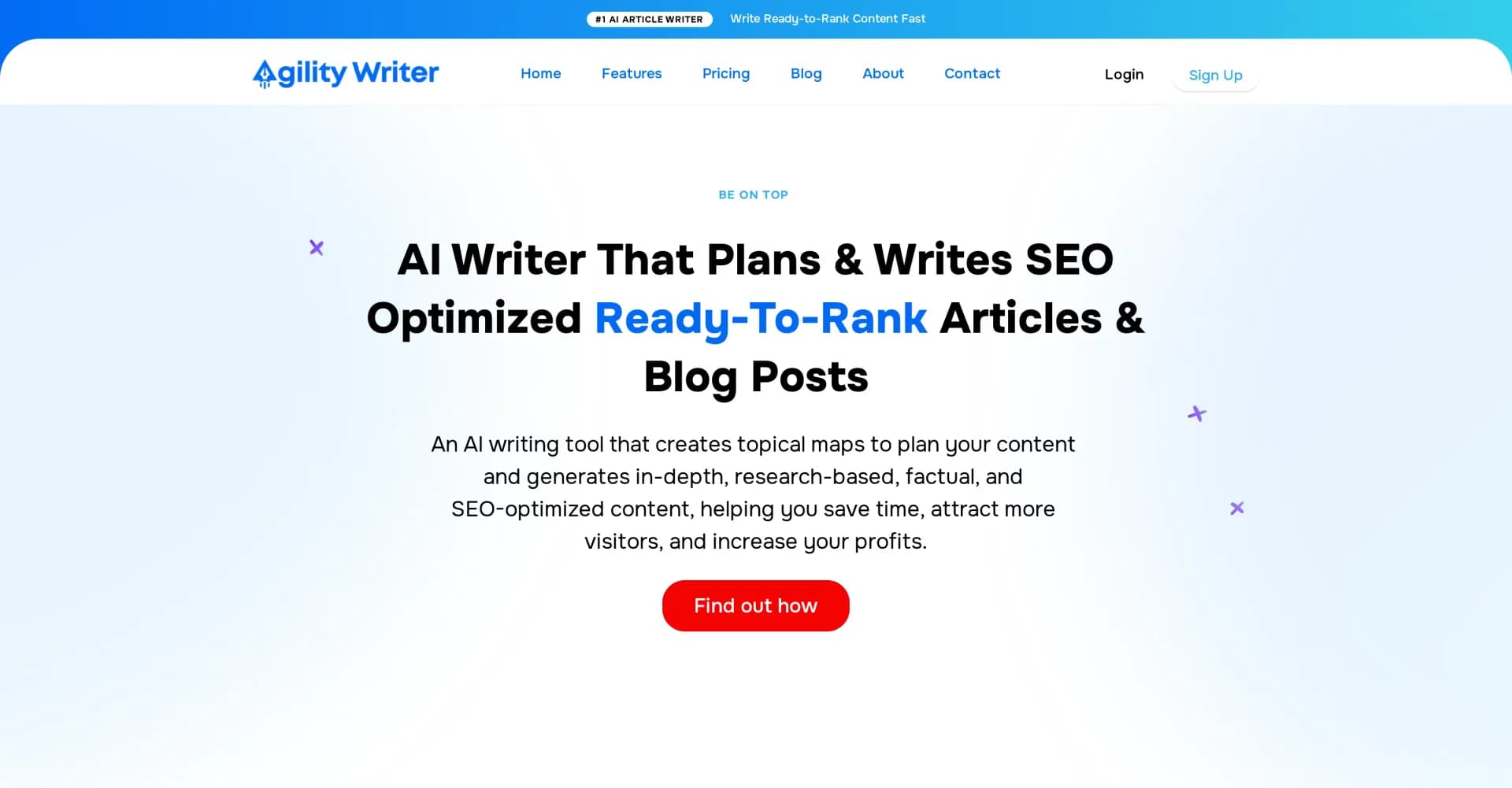 Agility Writer homepage screenshot — Write SEO-optimized articles in minutes.