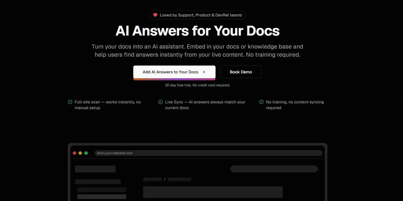 Agionic homepage screenshot — AI Answers for Your Docs