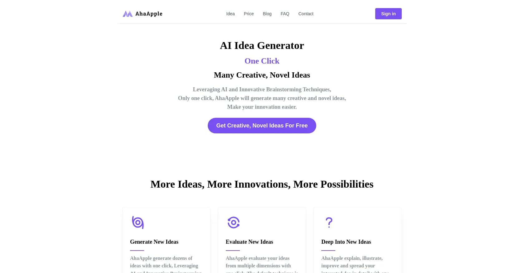 AhaApple homepage screenshot — One click, many creative and novel ideas.