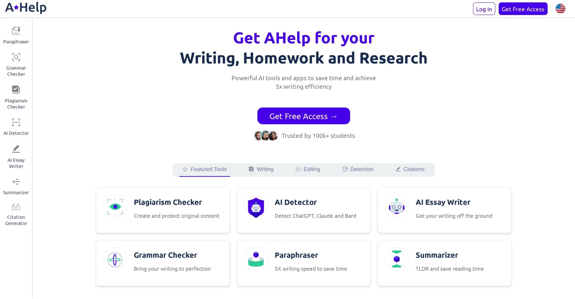 AHelp homepage screenshot — Your essential toolkit for study, homework, and research.