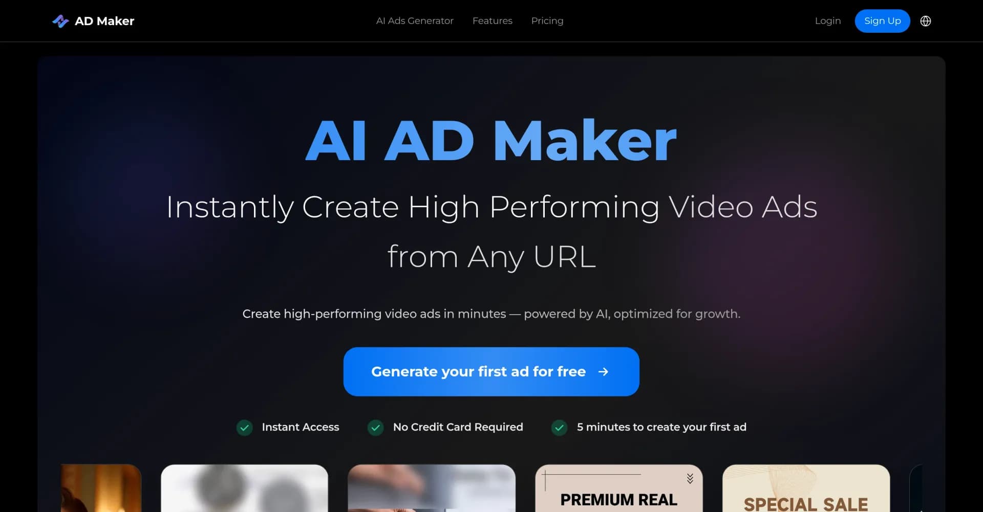 AI AD Maker homepage screenshot — Create high-performing video ads instantly from any URL.