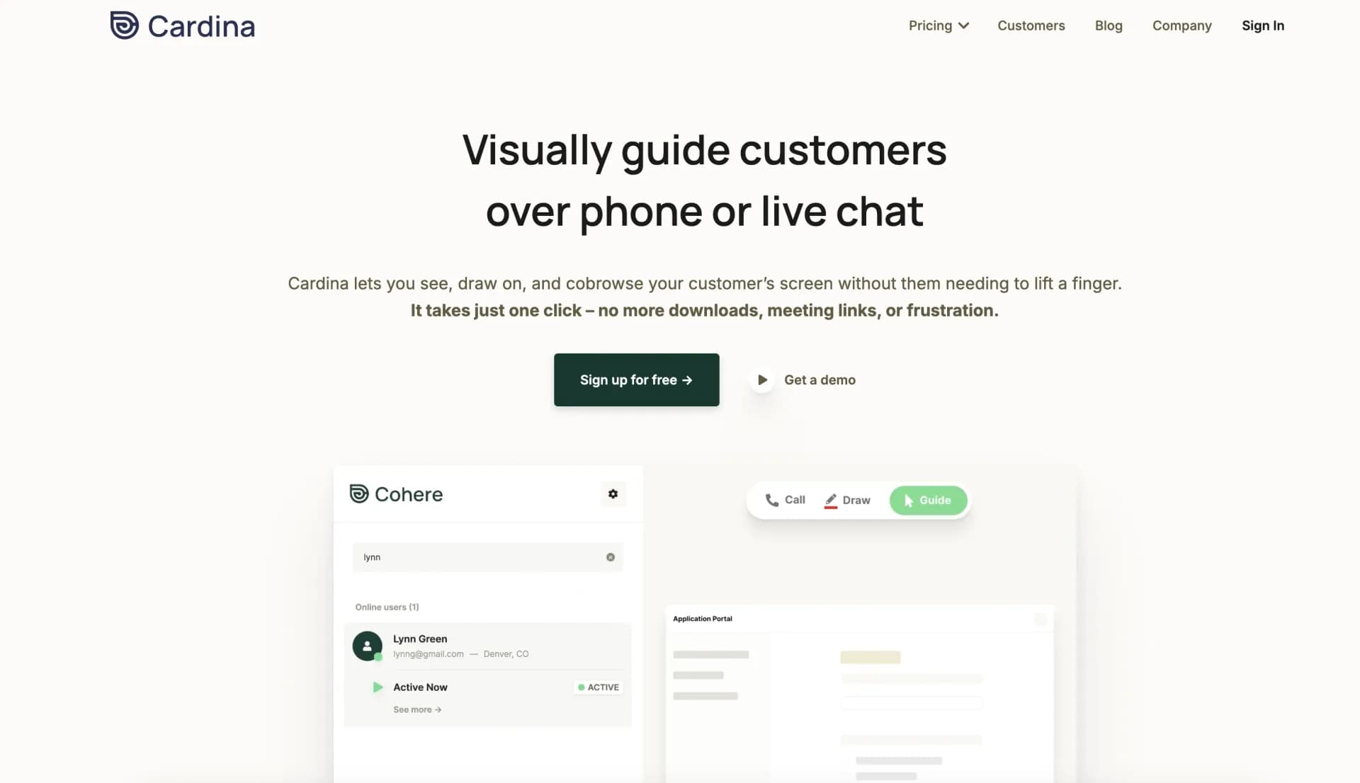 Cohere.io homepage screenshot — Visually guide customers remotely with instant cobrowsing.