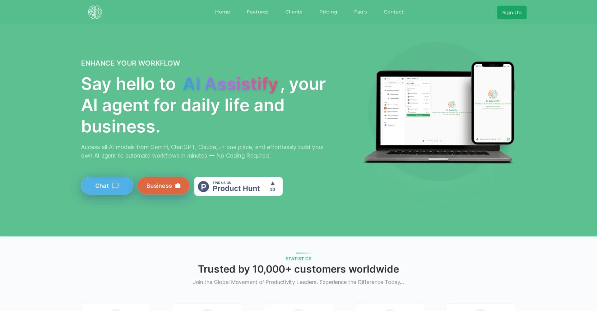 AI Assistify homepage screenshot — Build custom AI agents in minutes - No coding needed.