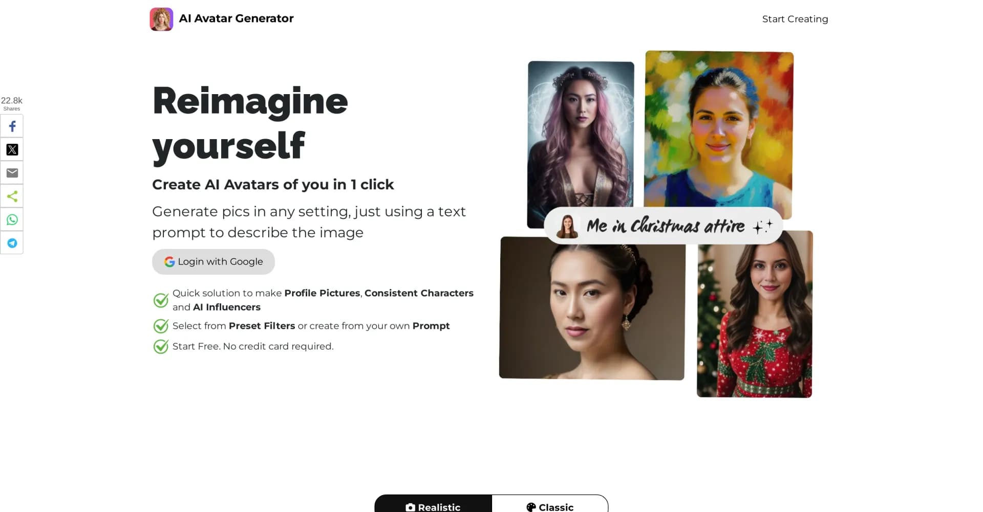 AI Avatar Generator homepage screenshot — Create AI avatars of you in one click