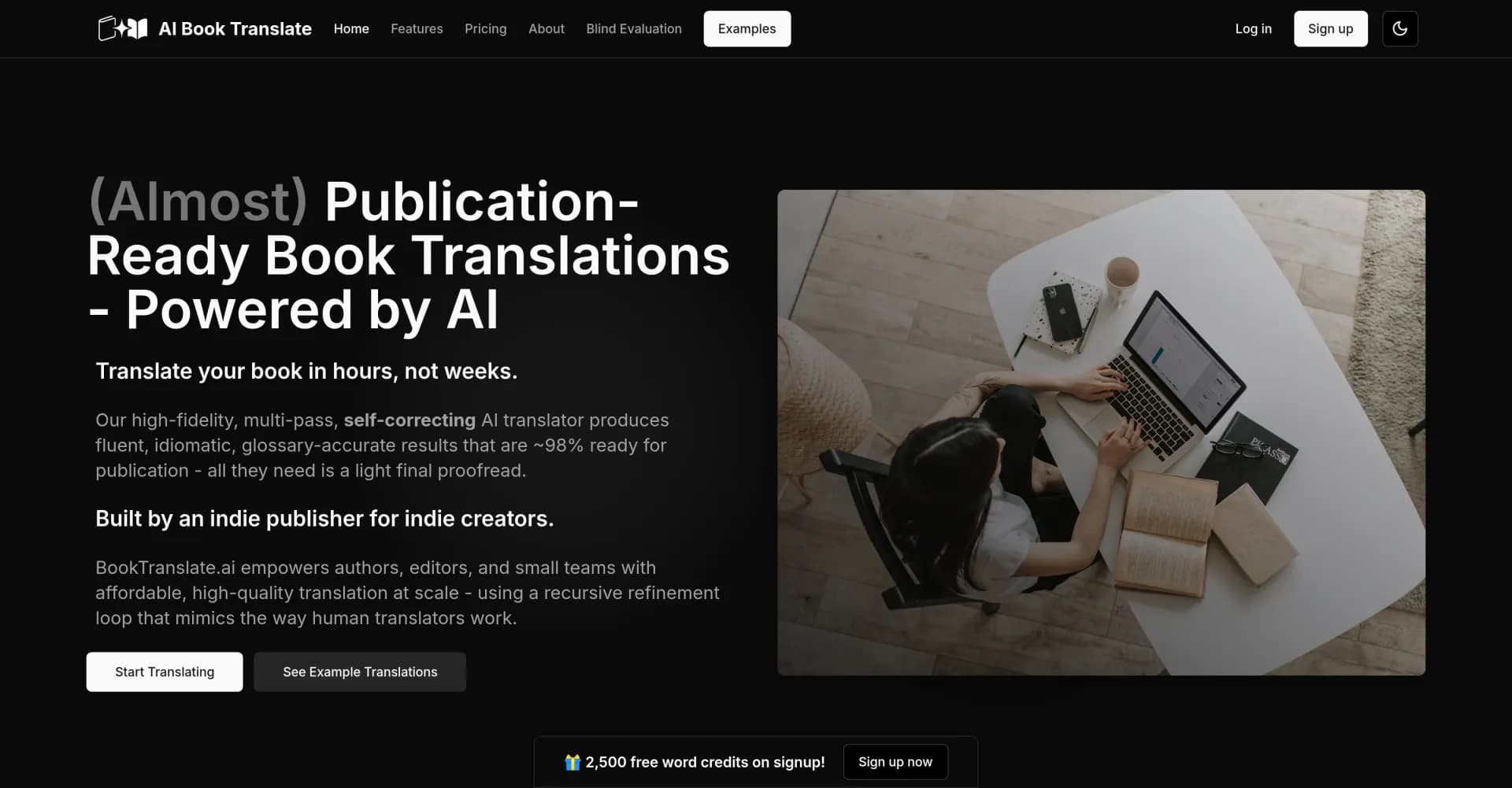 BookTranslate.ai homepage screenshot — AI-powered book translations in hours, not weeks.