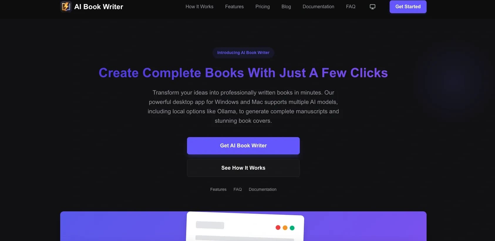 AI Book Writer homepage screenshot — AI Book Writer – Transform Ideas into Books in Minutes