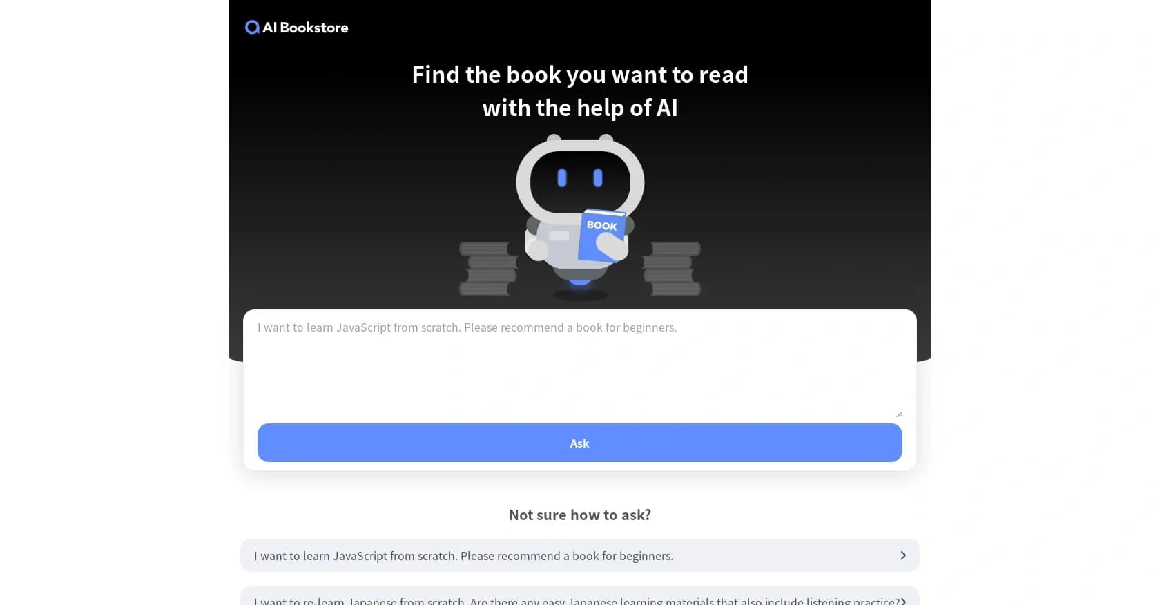 AI Bookstore homepage screenshot — AI-powered book recommendations for any topic.