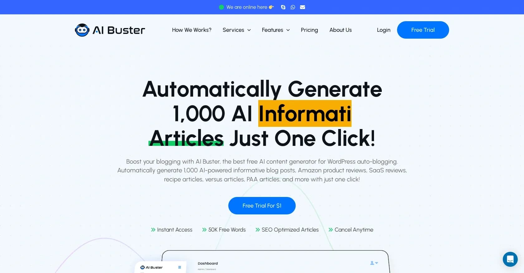 AI Buster homepage screenshot — Generate and publish 1,000 AI articles with one click.
