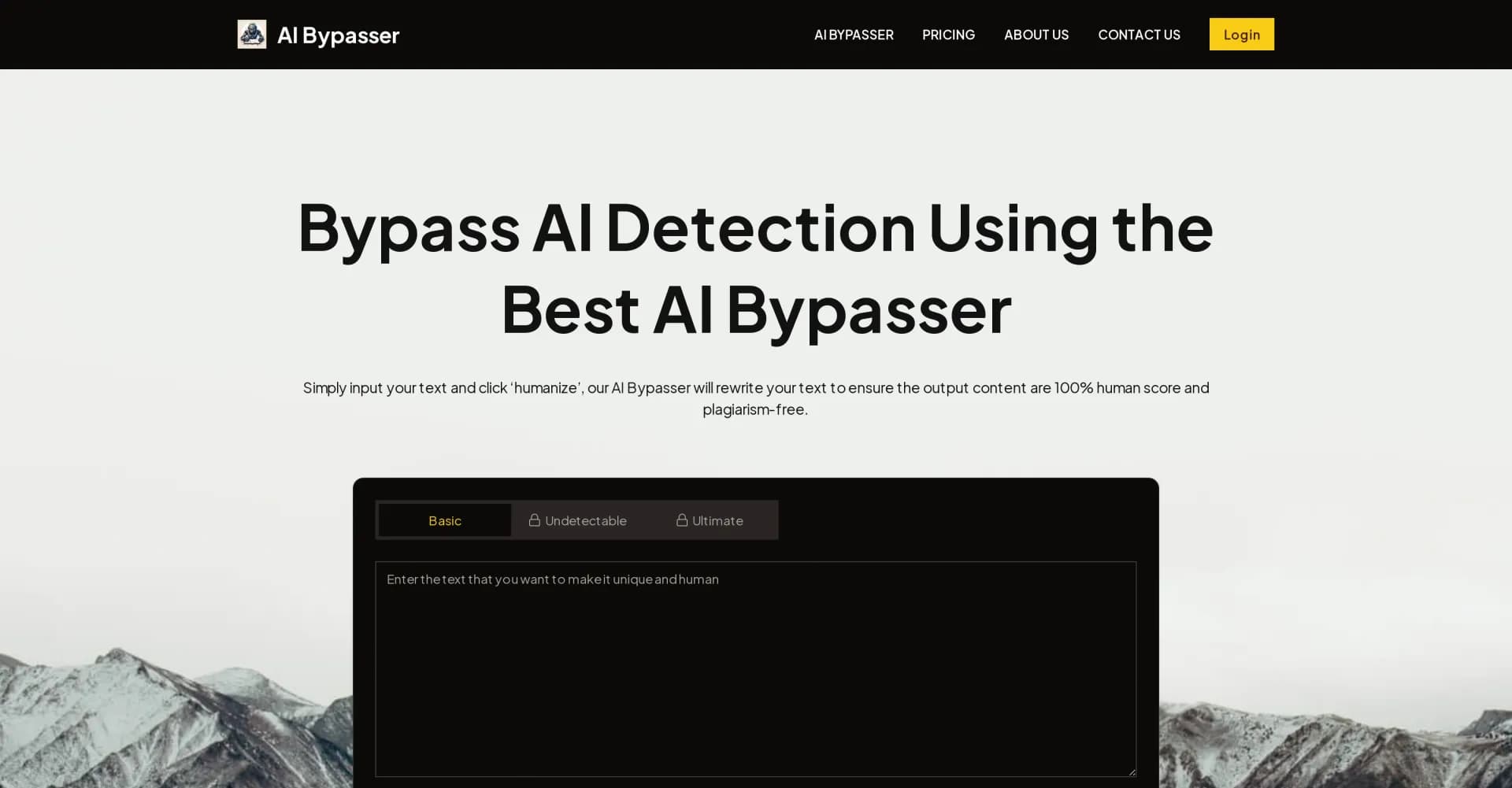 AI Bypasser homepage screenshot — Bypass AI detection with human-like text rewriting.