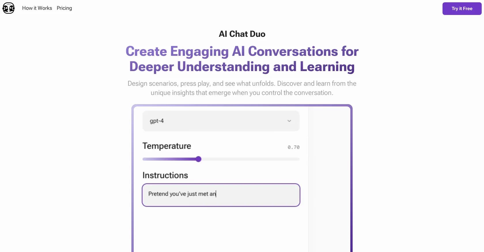 AI Chat Duo homepage screenshot — Customizable, engaging conversational interactions.