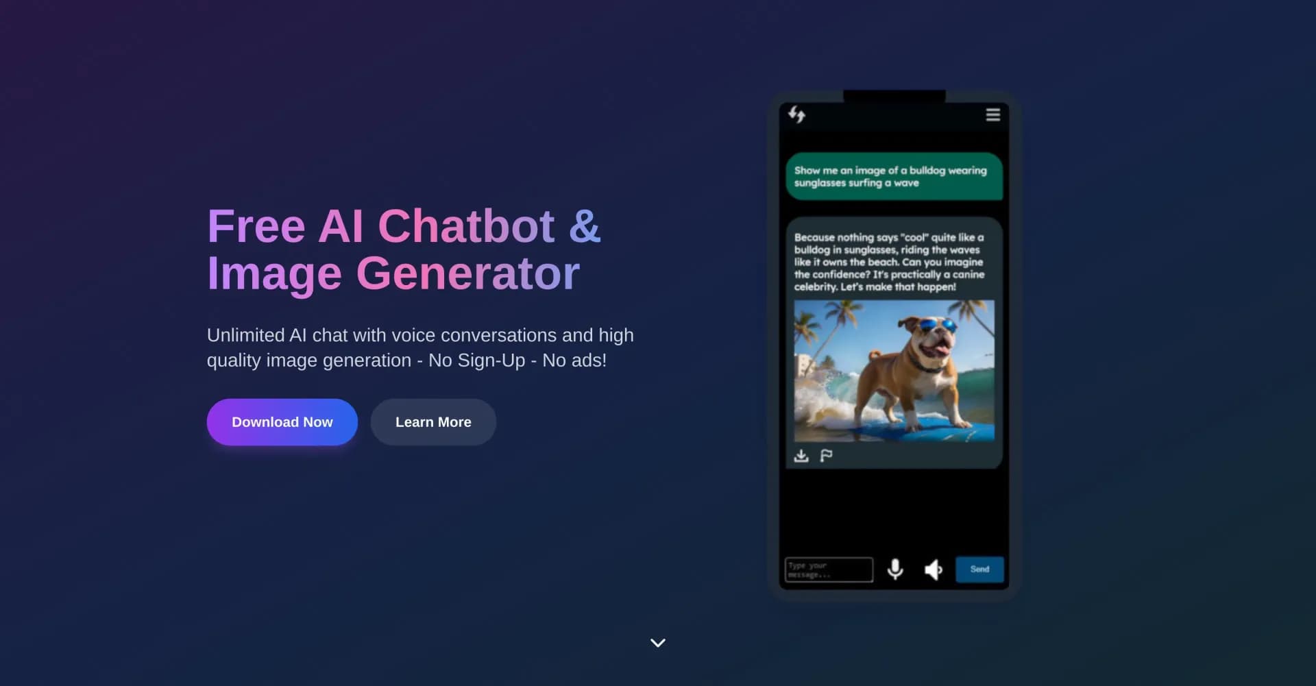 Free AI Chatbot & Image Generator homepage screenshot — Free AI chat and image creation, no signup required