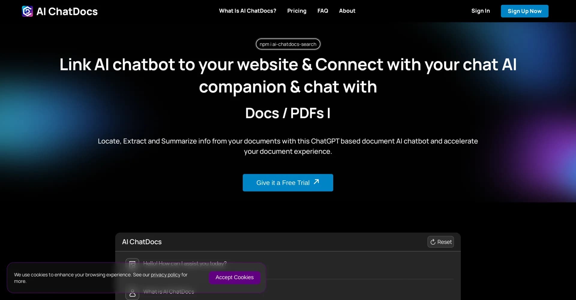 AI ChatDocs homepage screenshot — Chat with your documents and get instant answers