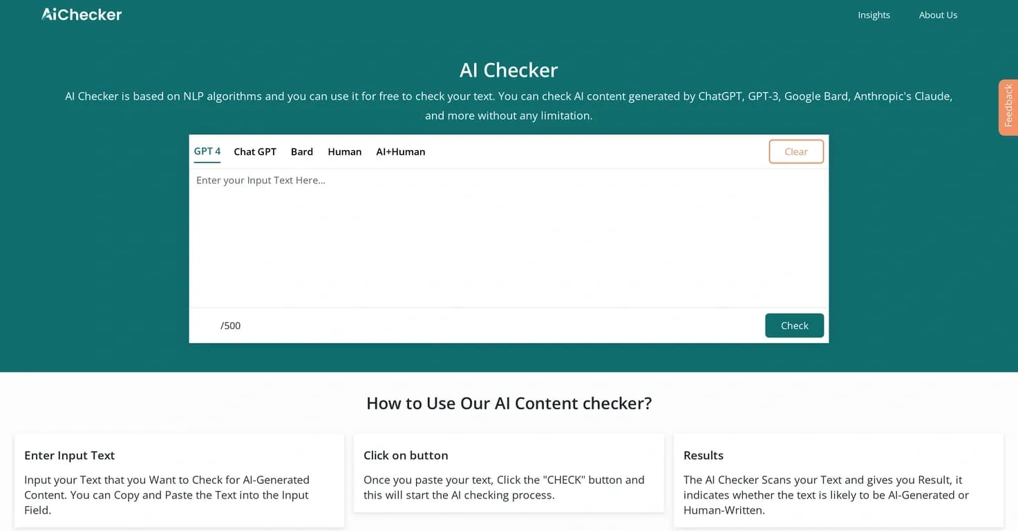 AI Checker homepage screenshot — Free AI content detector for ChatGPT, GPT-3, and more.