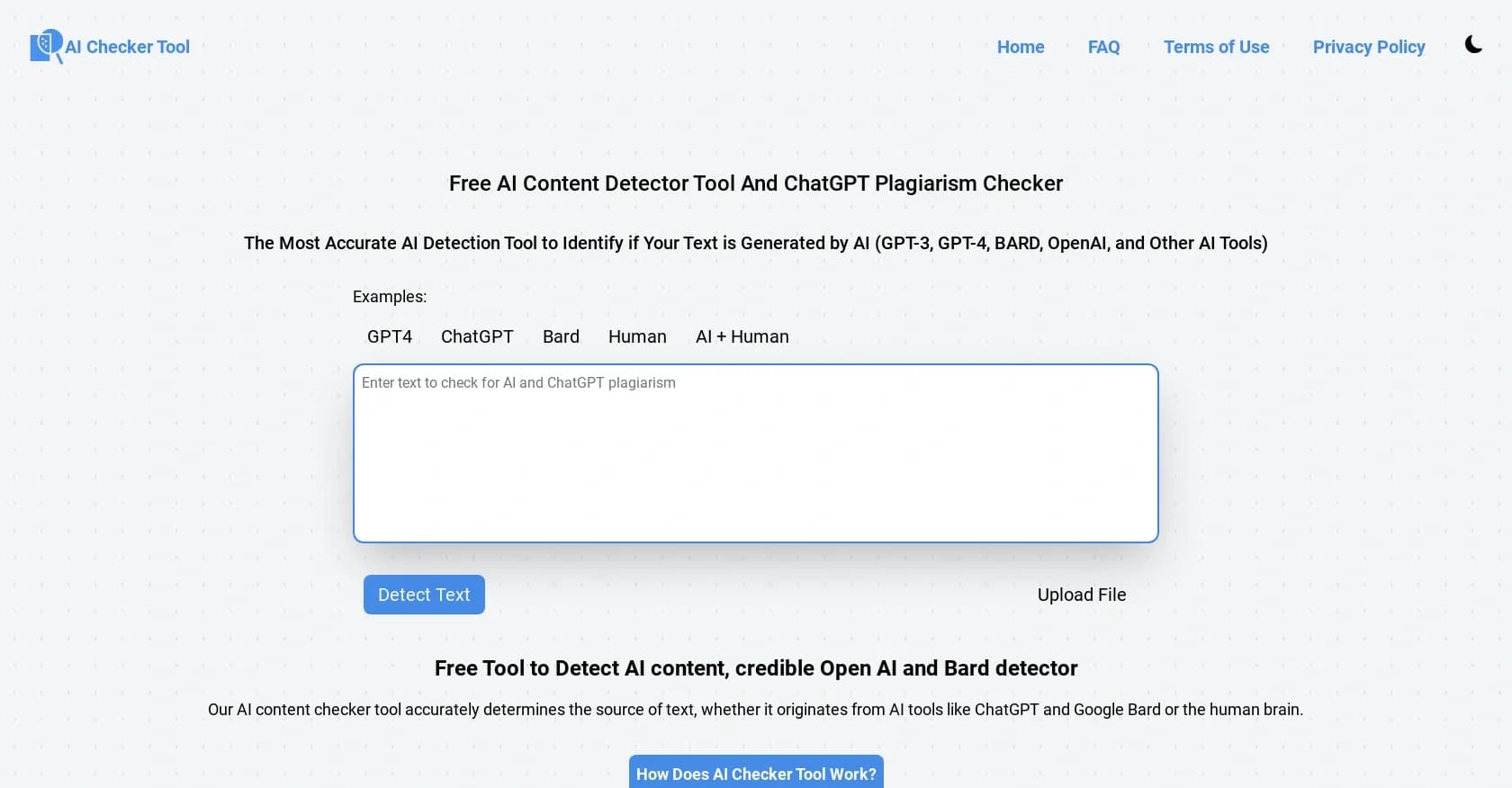 AI Checker Tool homepage screenshot — Unmask AI-generated content with precision