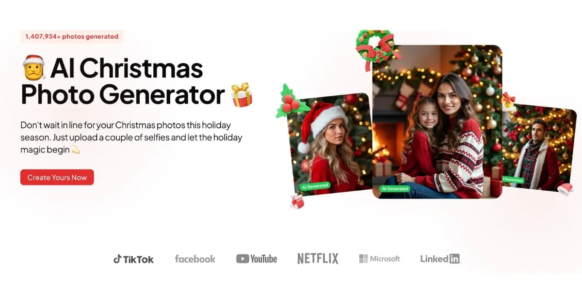 AI Christmas Photo homepage screenshot — Create magical AI Christmas photos in seconds