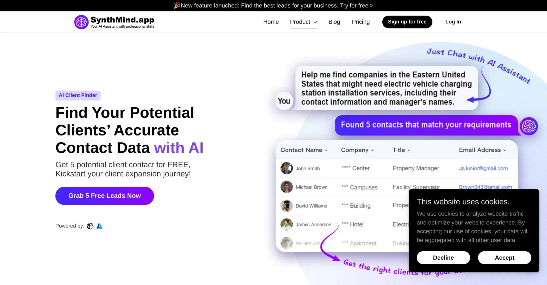 AI Client Finder by SynthMind homepage screenshot — Find Your Potential Clients’ Accurate Contact Data with AI