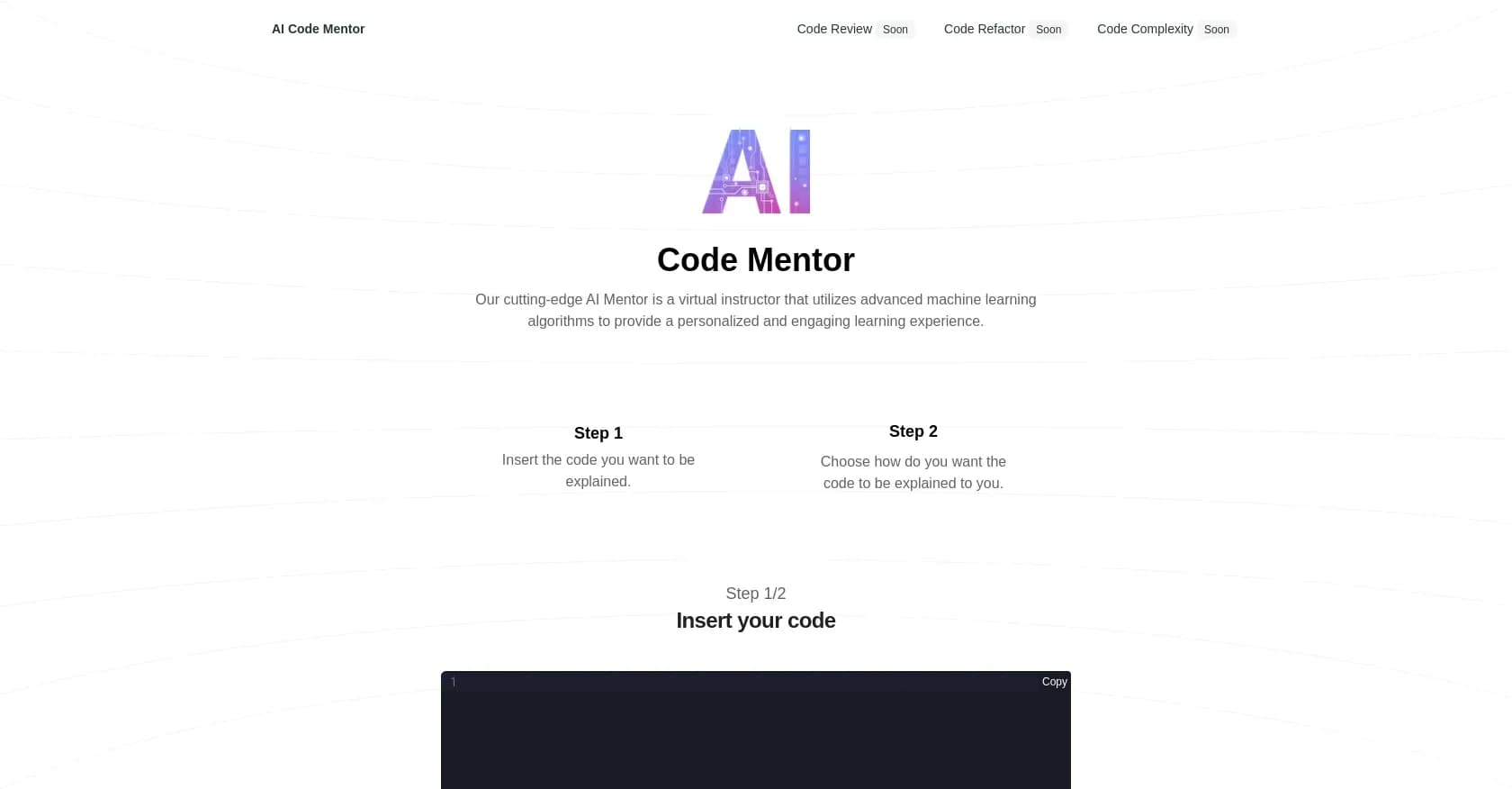 AI Code Mentor homepage screenshot — AI teaches you to code.