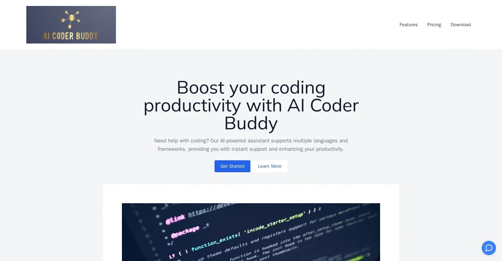 AI Coder Buddy homepage screenshot — Boost coding productivity with AI-powered assistance