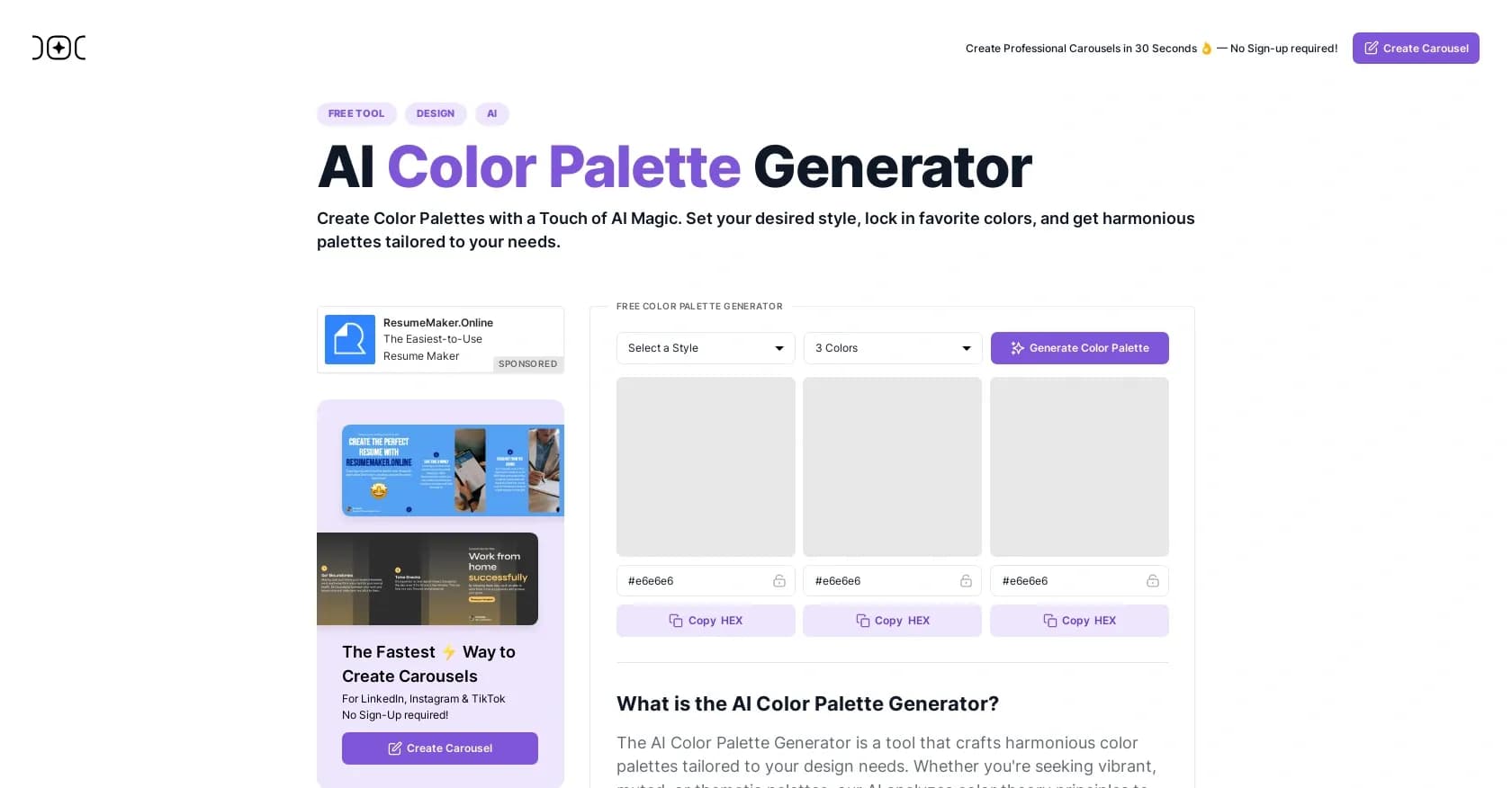 AI Color Palette Generator homepage screenshot — Create AI-powered color palettes instantly.
