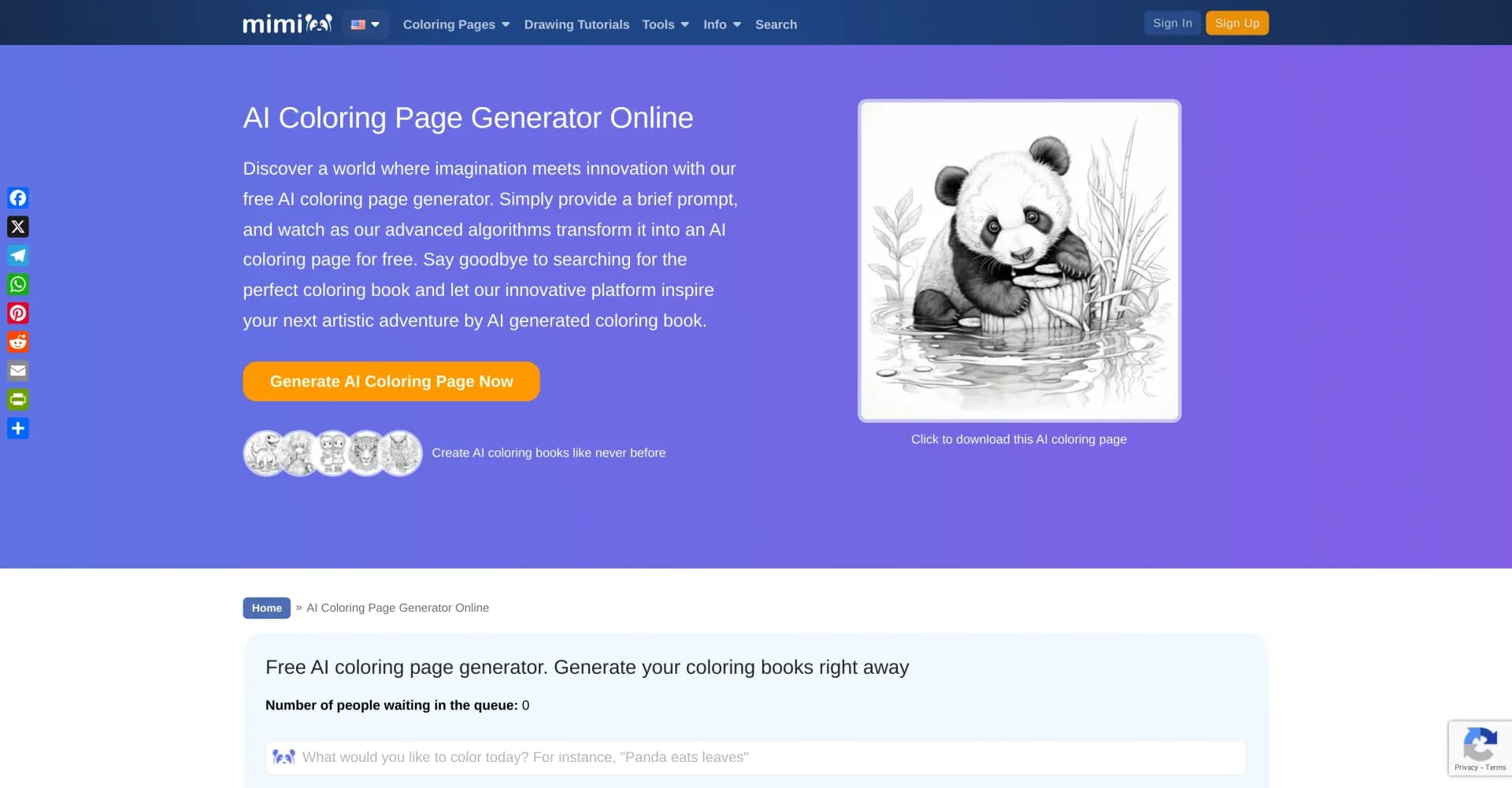 AI Coloring Page Generator Online by Mimi Panda homepage screenshot — Transform prompts into vibrant coloring pages.