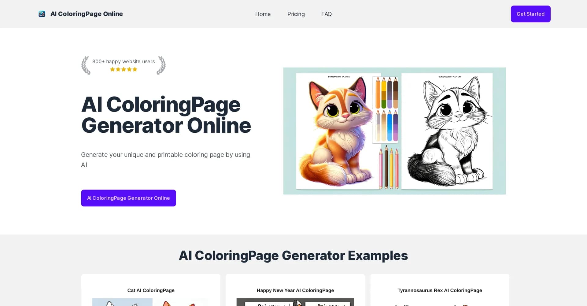 AI ColoringPage Online homepage screenshot — Generate unique coloring pages with AI.