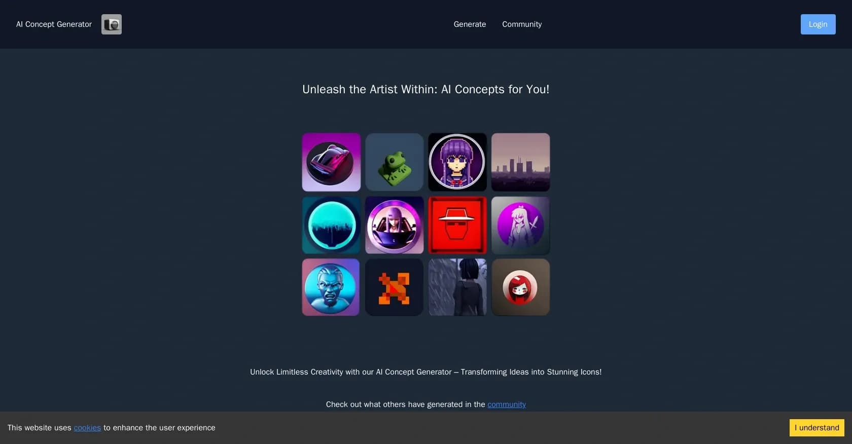 AI concept art homepage screenshot — Transform ideas into stunning icons with AI