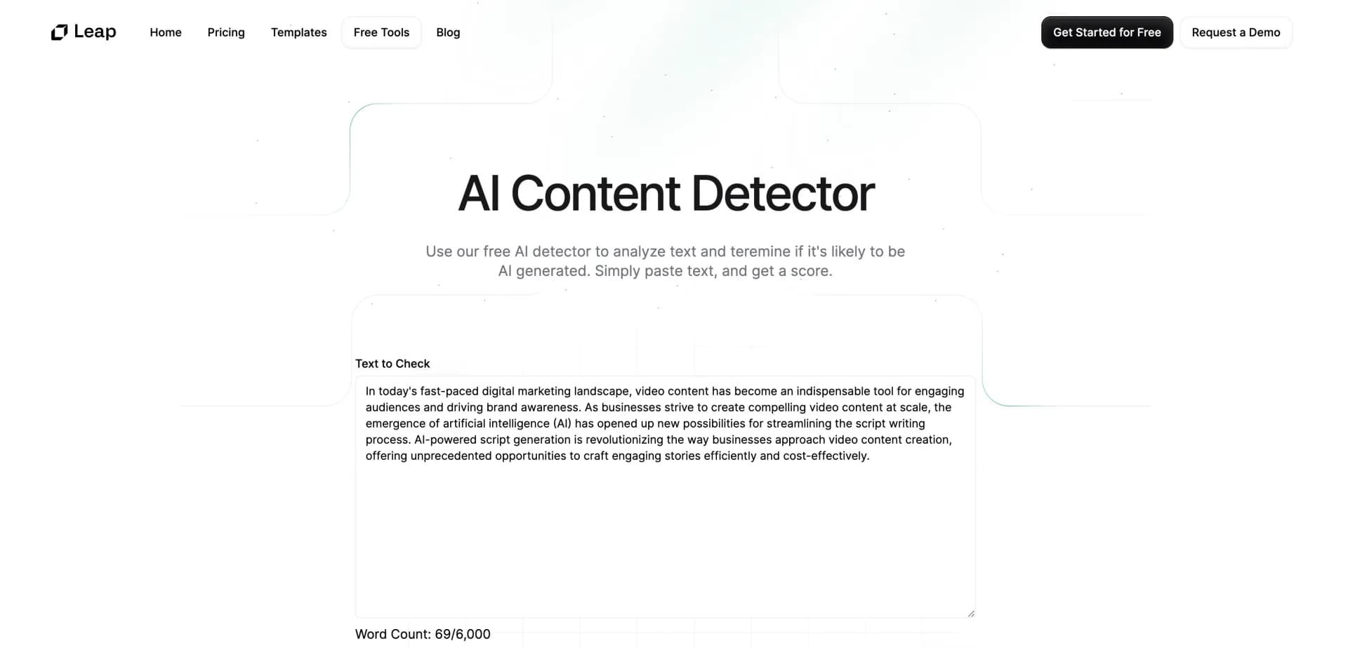 AI Content Detector by Leap homepage screenshot — Spot AI-generated text in seconds.