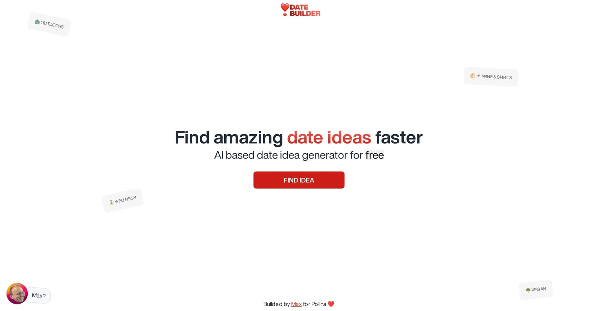 AI Date Ideas homepage screenshot — AI-powered date idea generator for unforgettable experiences