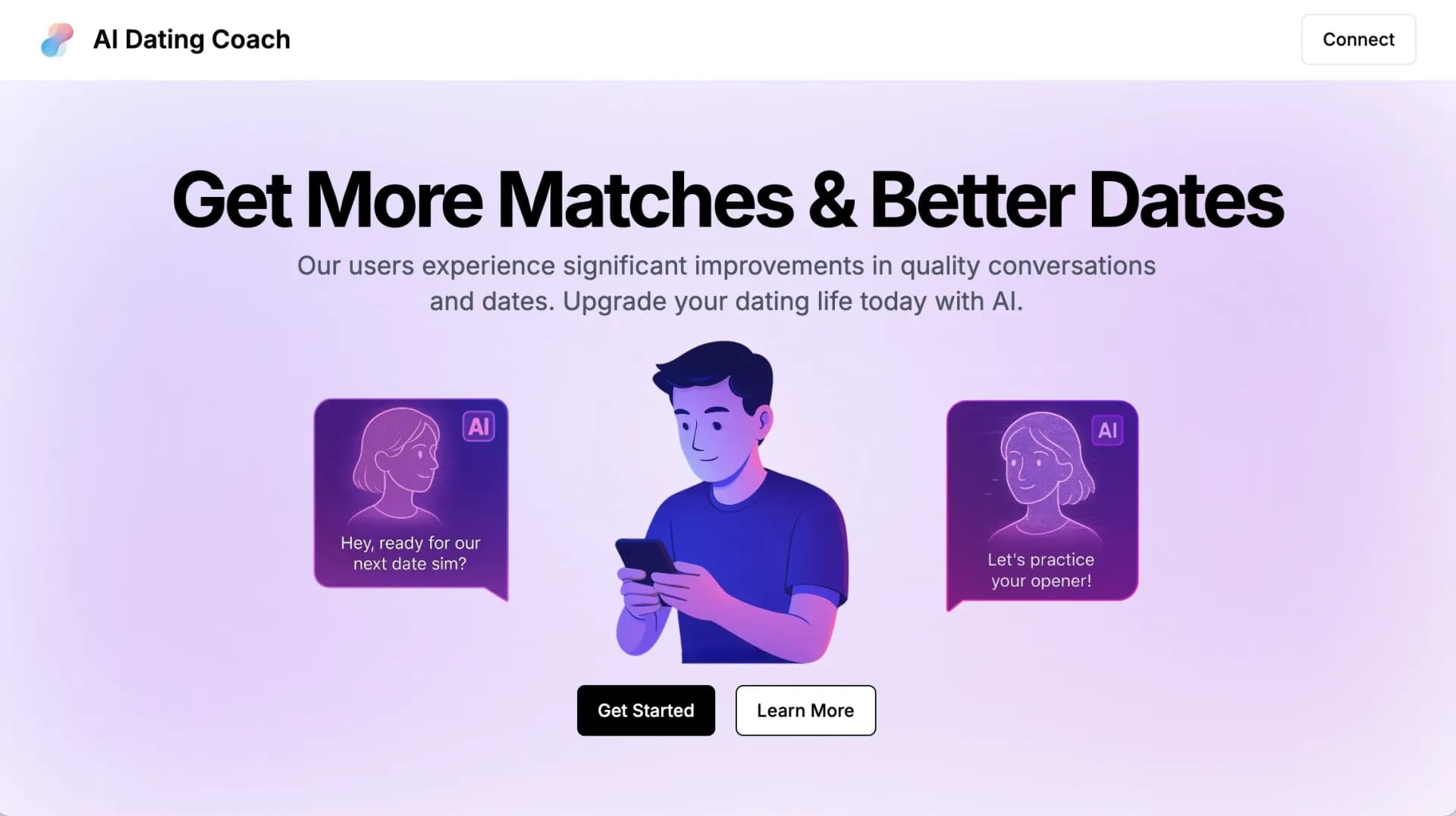 AI Dating Coach by Mimetic Labs homepage screenshot — Boost your dating skills with AI-powered practice and advice
