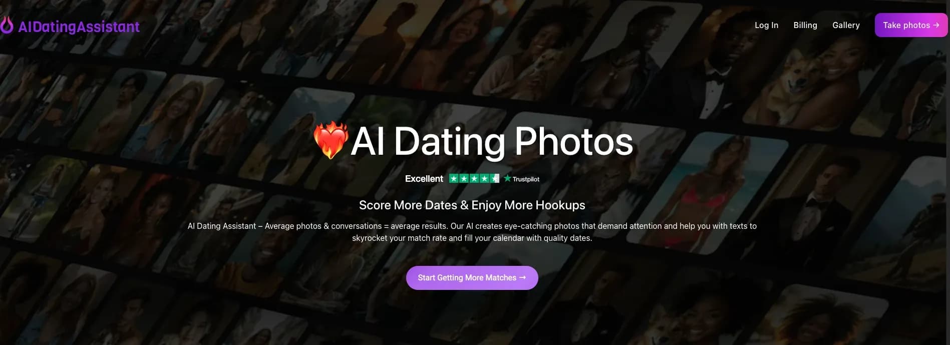 AI Dating Photos homepage screenshot — Create eye-catching dating photos and texts with AI
