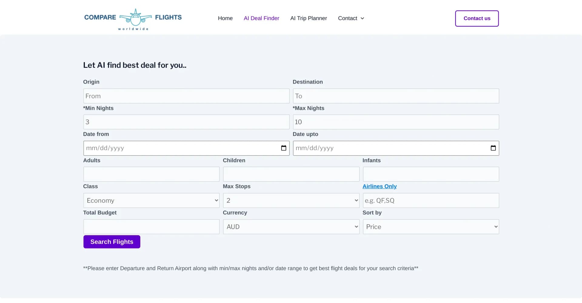 AI Deal Finder homepage screenshot — AI-powered flight deal finder across all sites.