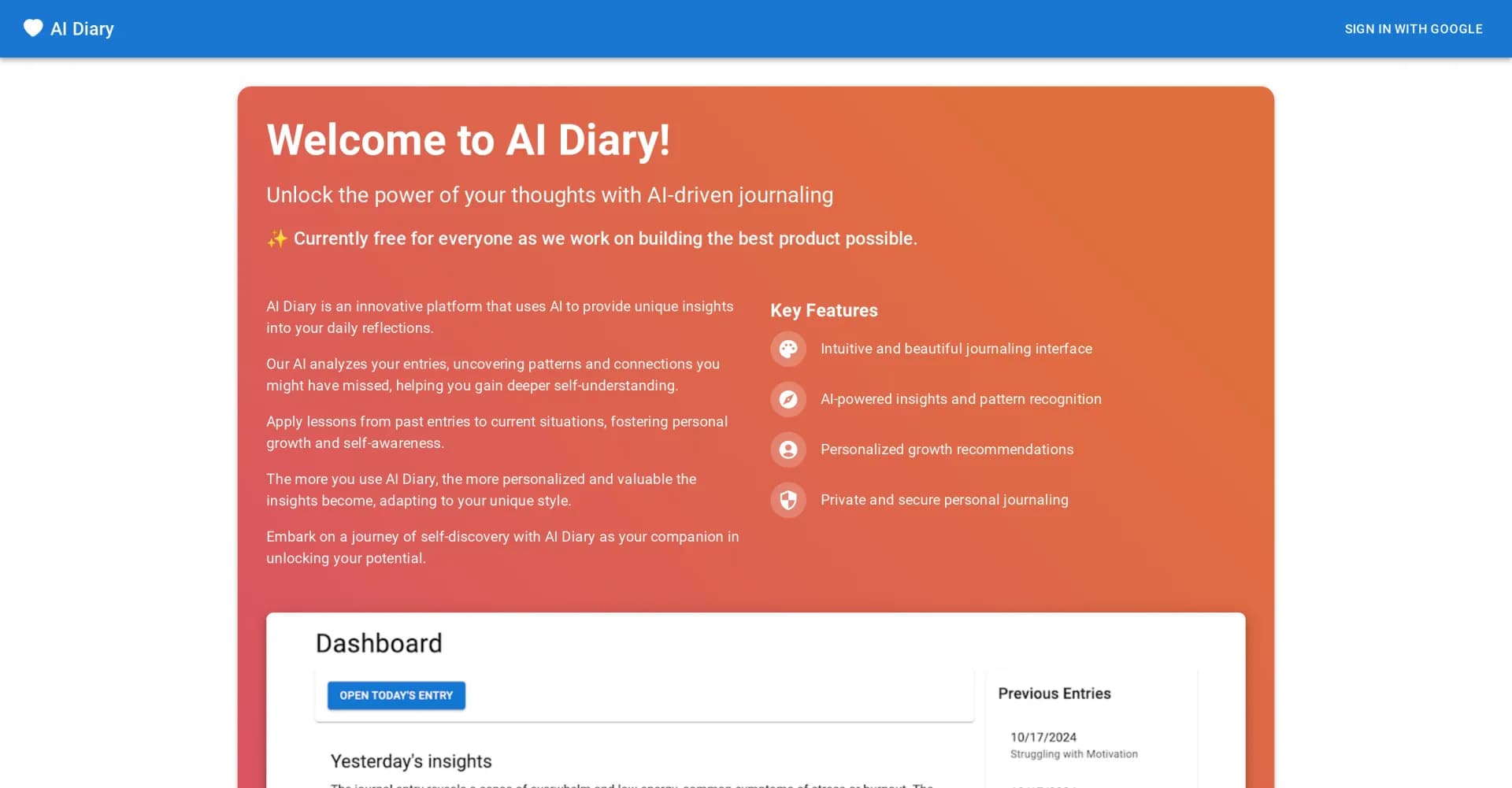 AI Diary homepage screenshot — AI-powered personal journaling companion.