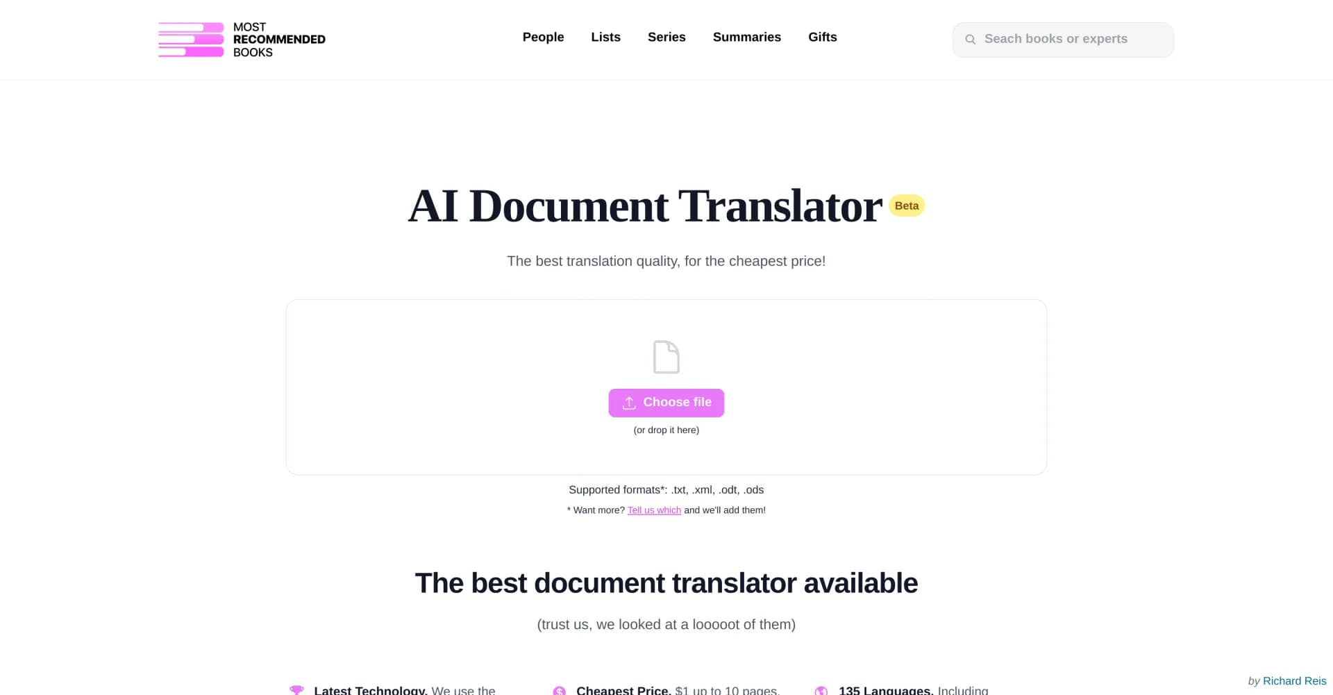 AI Document Translator homepage screenshot — Translate documents into 135 languages, fast and cheap.
