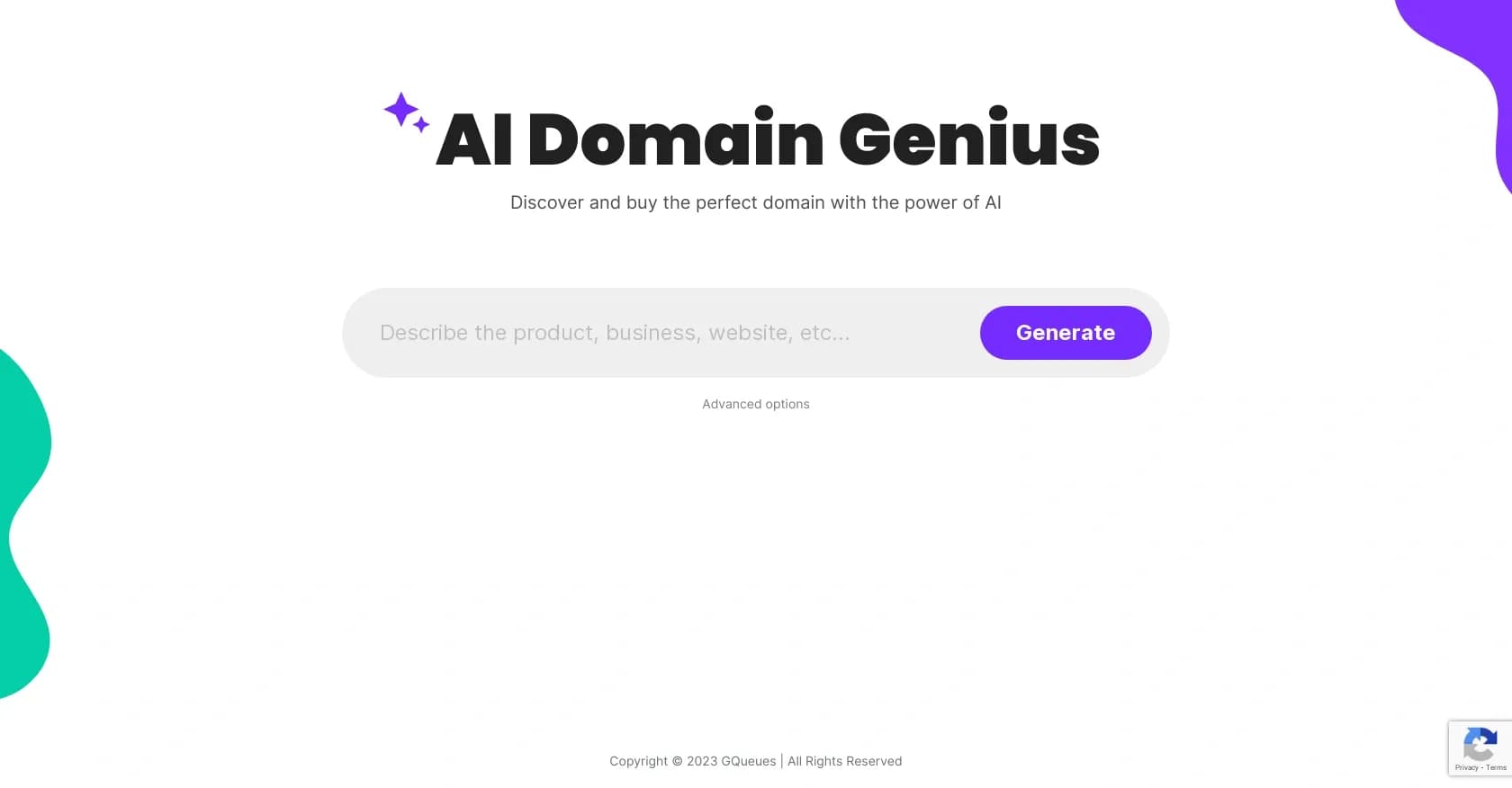 AI Domain Genius homepage screenshot — Discover the perfect domain with AI power.