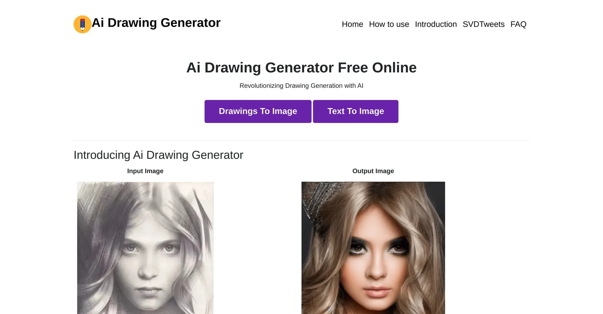 AI Drawing Generator homepage screenshot — Transform scribbles into detailed images with AI
