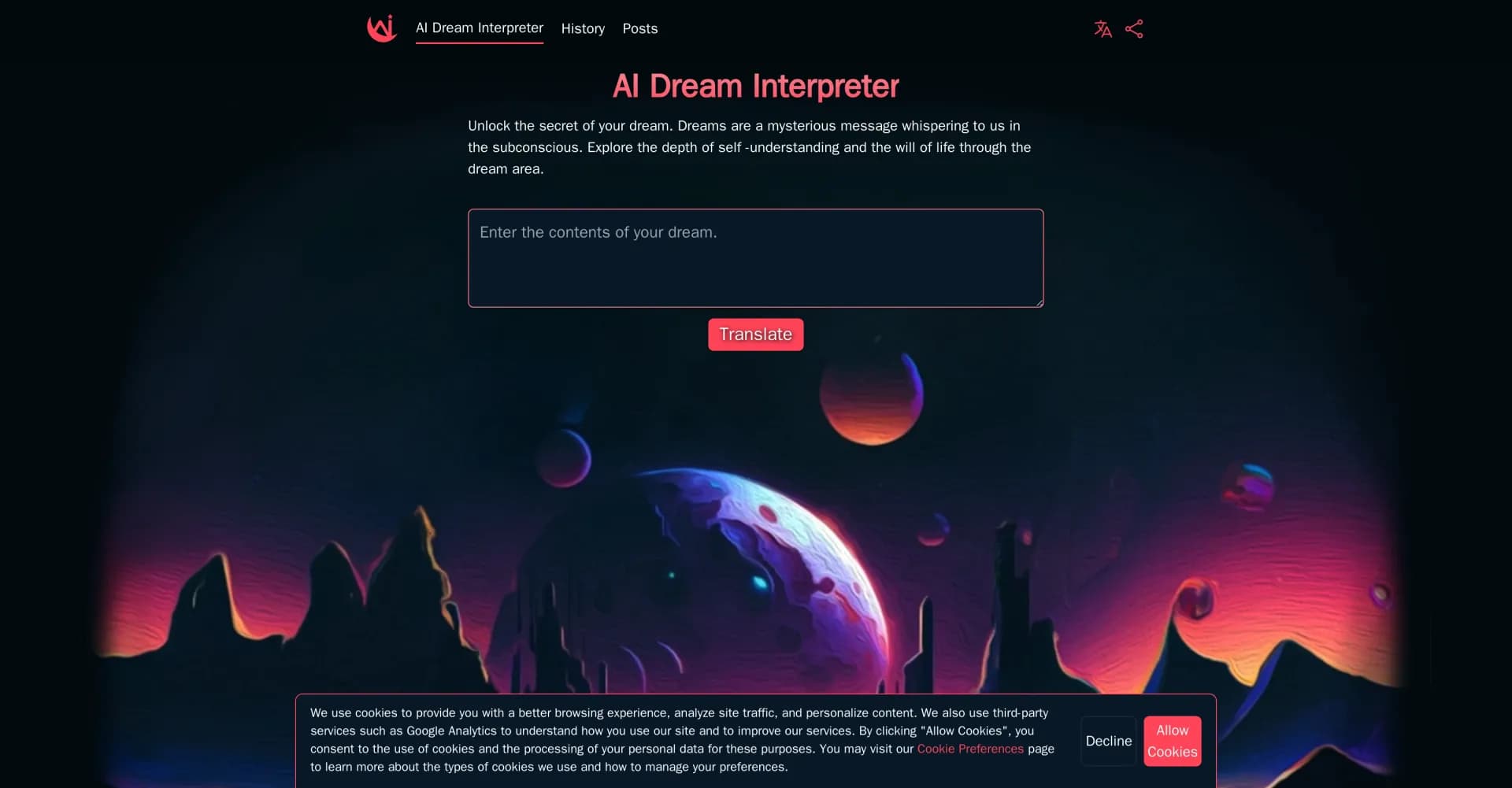 AI Dream Interpreter homepage screenshot — Analyze hidden meanings in dreams