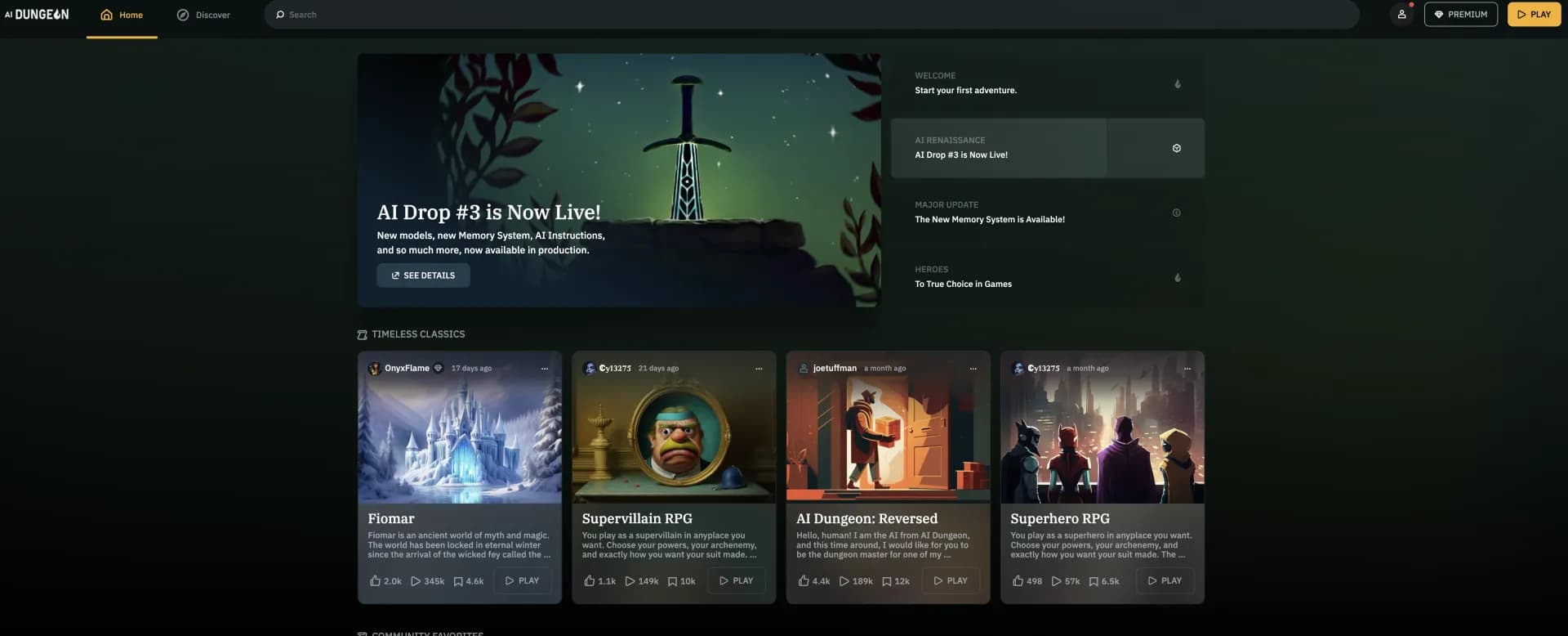 AI Dungeon homepage screenshot — Create infinite text adventures with AI