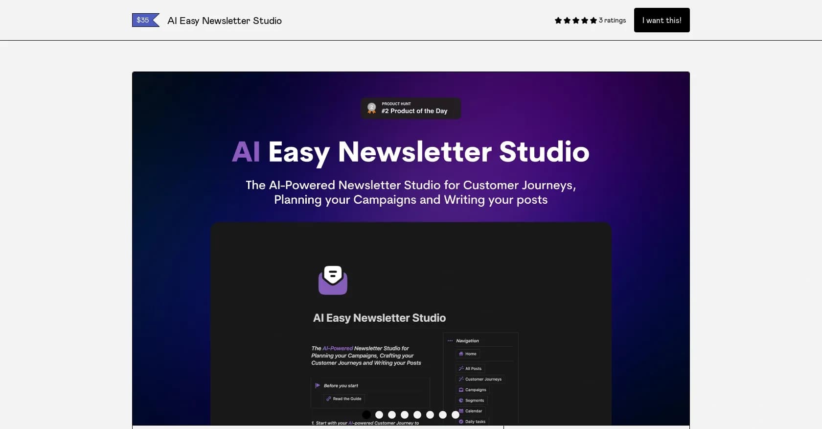 AI Easy Newsletter Studio homepage screenshot — Convert followers into customers with AI-powered newsletters