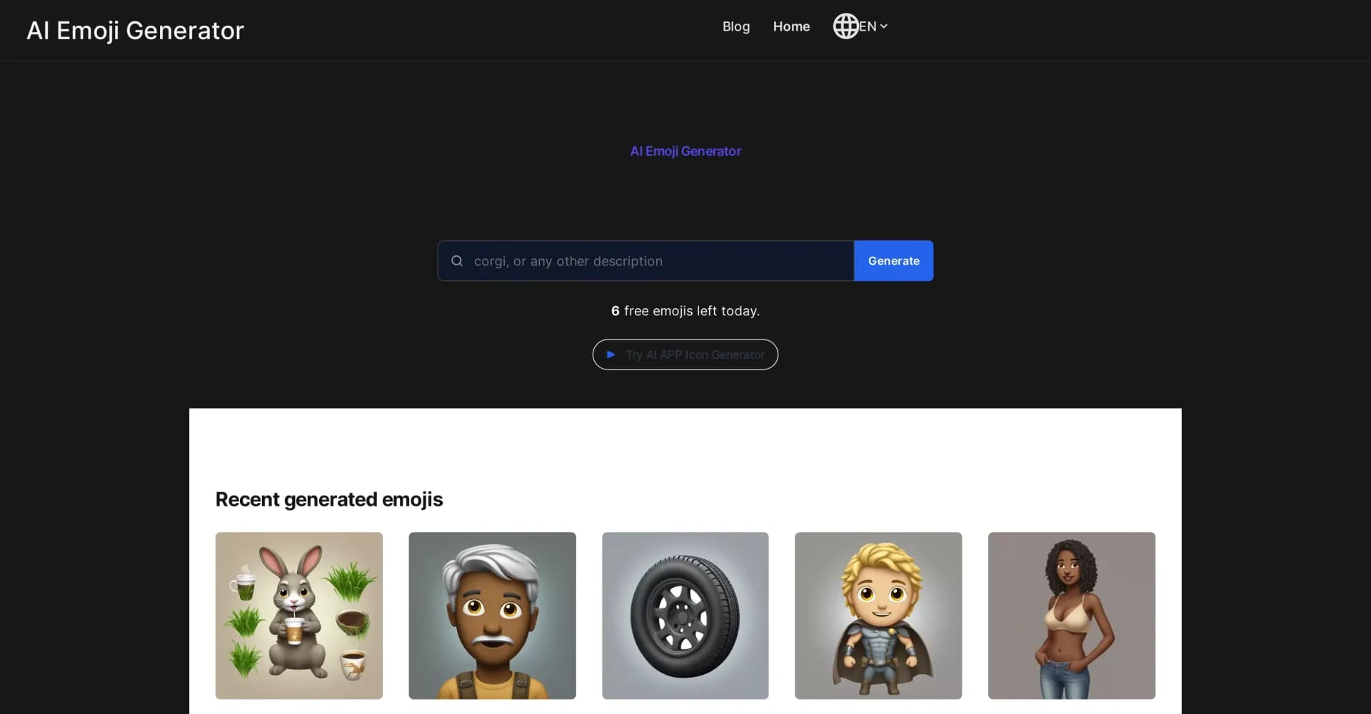AI Emoji Generator homepage screenshot — Create unique emojis with AI-powered creativity.