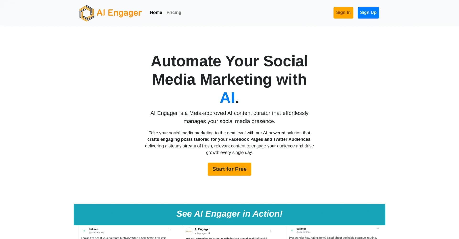 AI Engager homepage screenshot — Automate social media marketing with AI-powered content cura