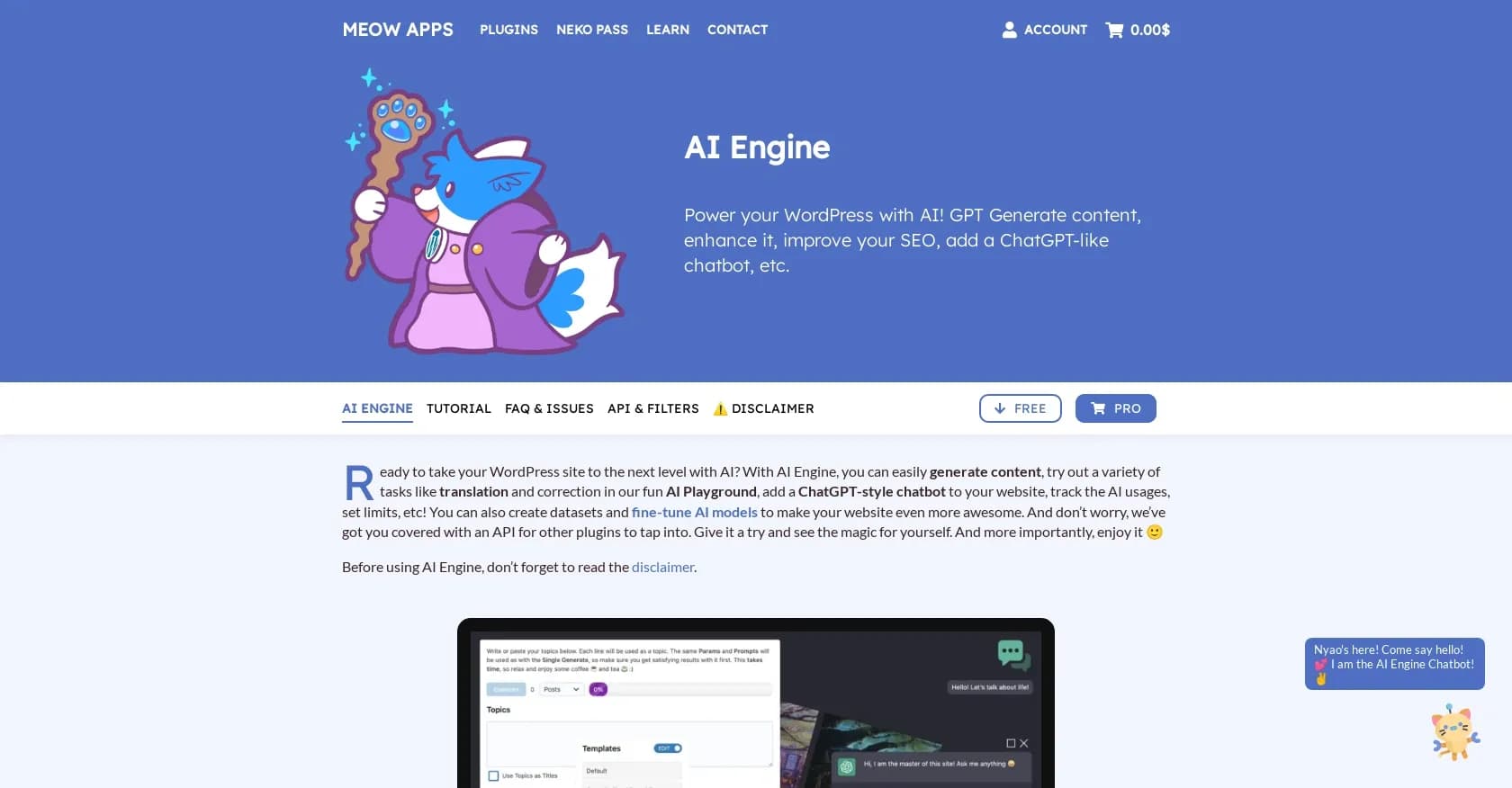 AI Engine homepage screenshot — Power your WordPress with AI tools and chatbots.
