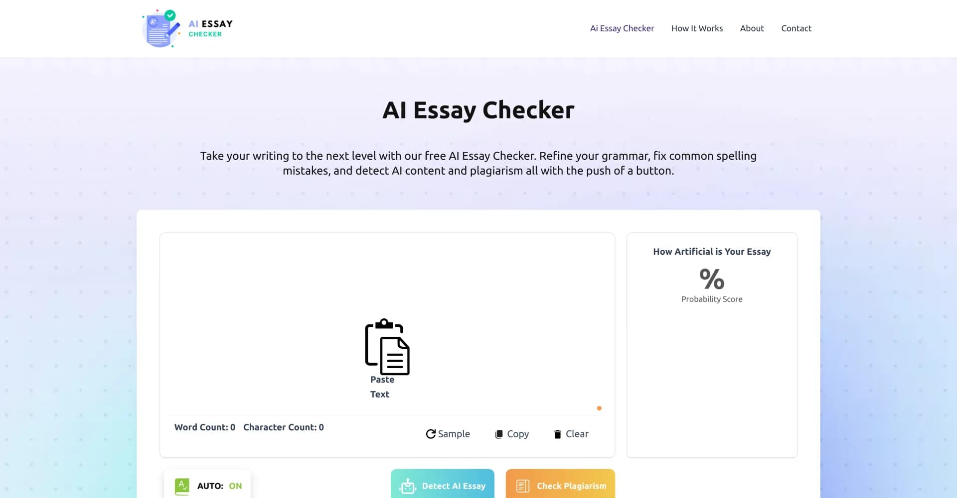 AI Essay Checker homepage screenshot — Refine essays with AI: grammar, plagiarism, and content dete