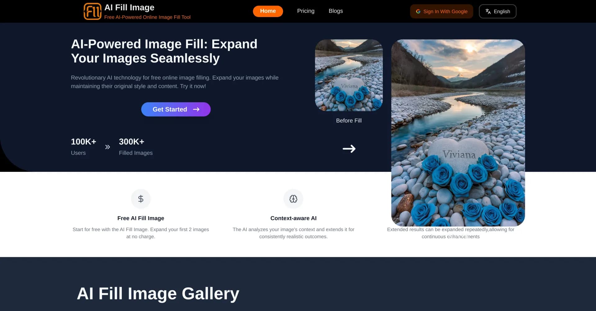 AI Fill Image homepage screenshot — Expand images seamlessly with AI