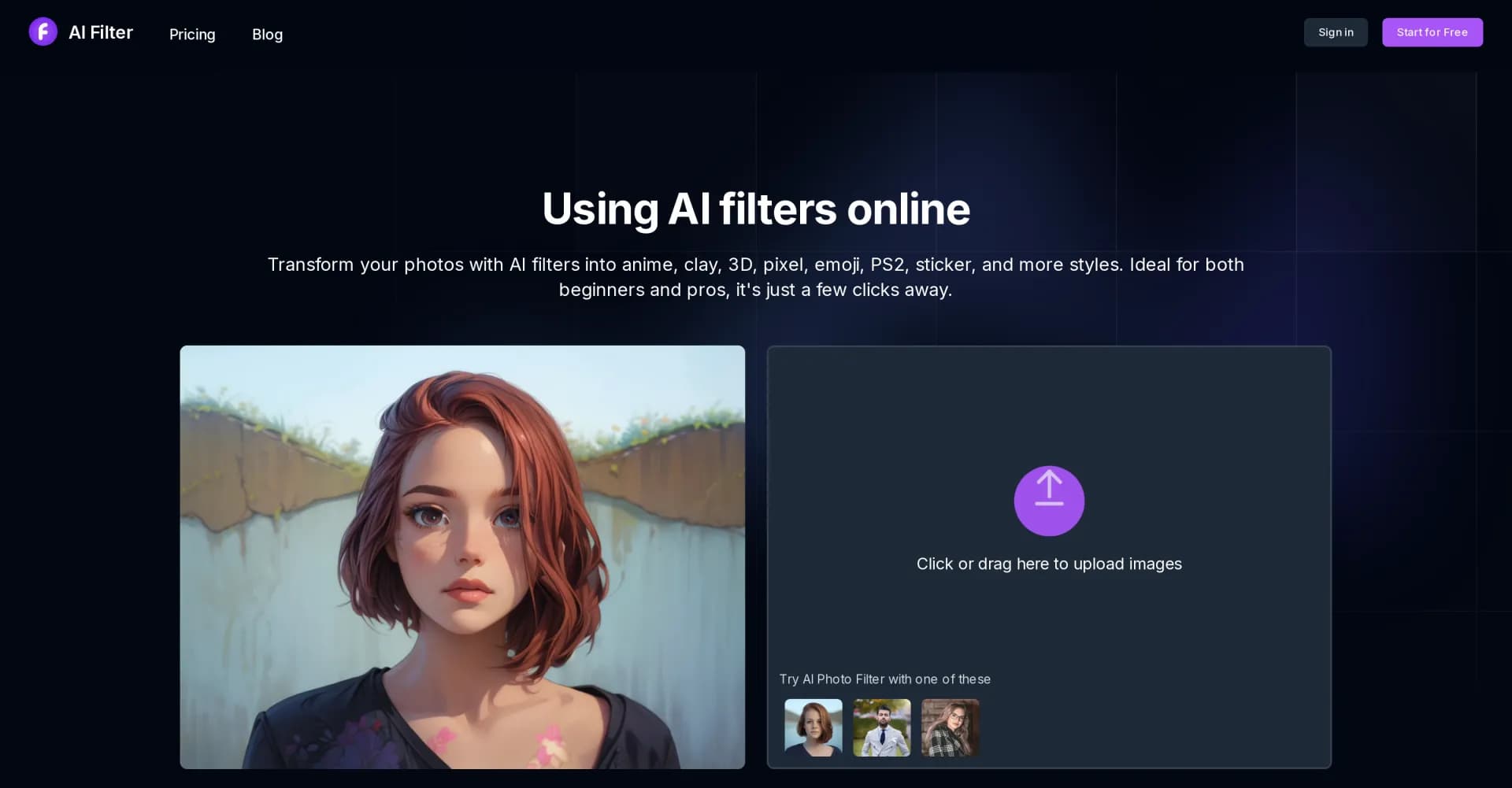 AI Filter homepage screenshot — Transform photos with AI filters in one click