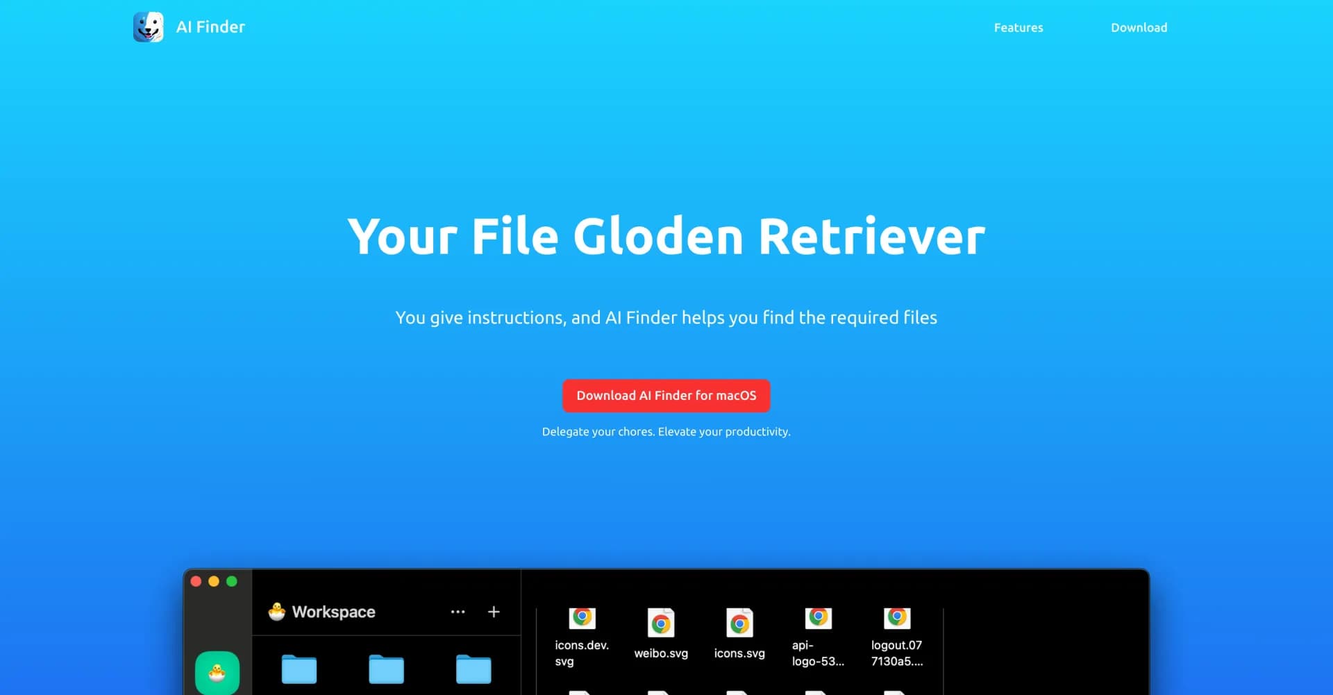 AI Finder homepage screenshot — Your file Golden Retriever: Find documents instantly.