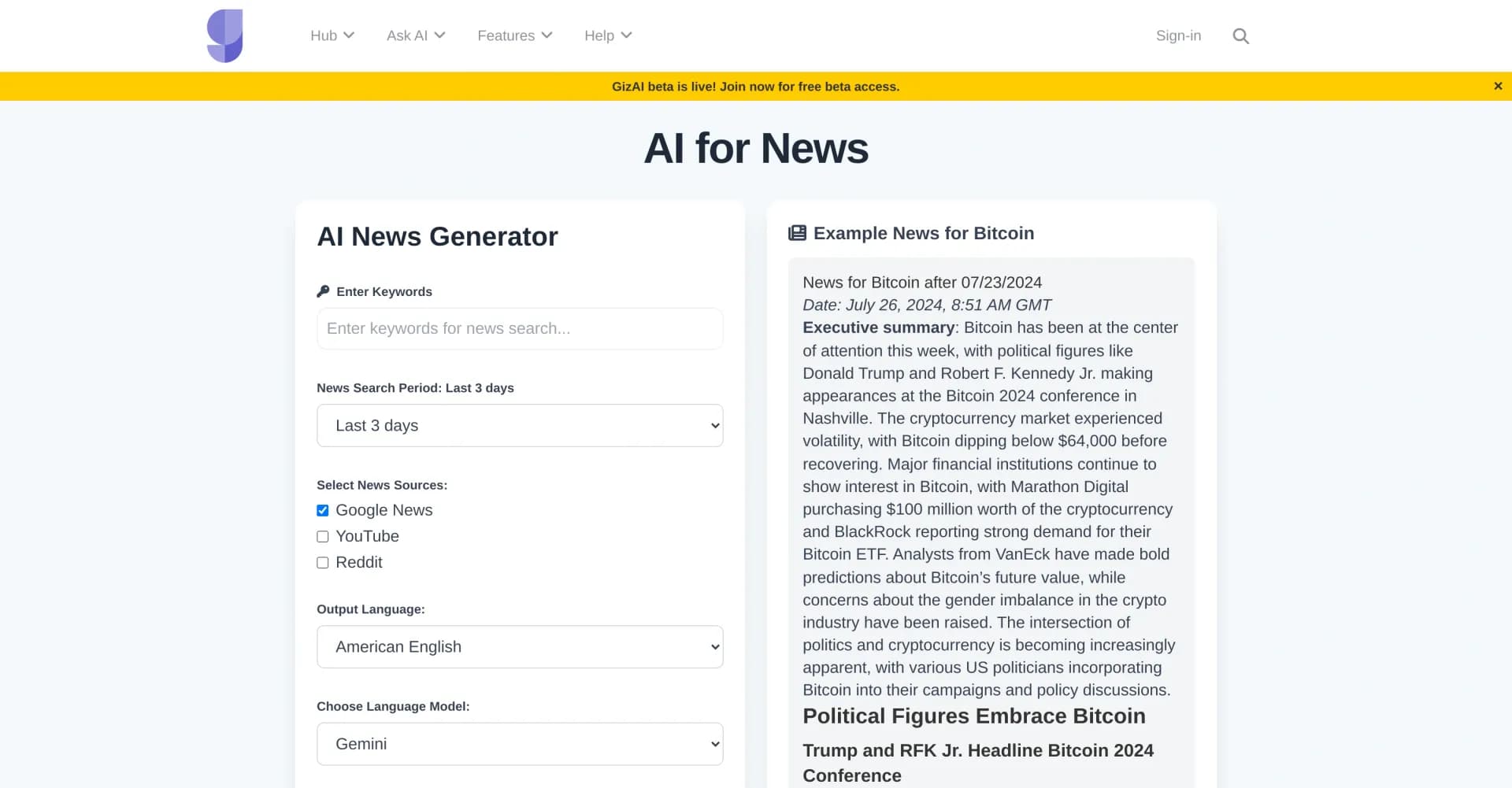 AI for News homepage screenshot — Generate custom AI news summaries instantly