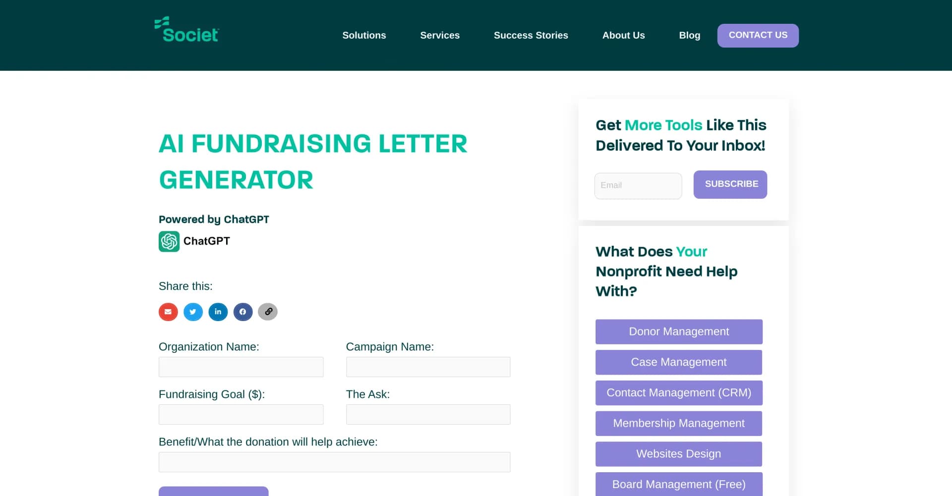 AI Fundraising Letter Generator homepage screenshot — Let AI write your fundraising letter.