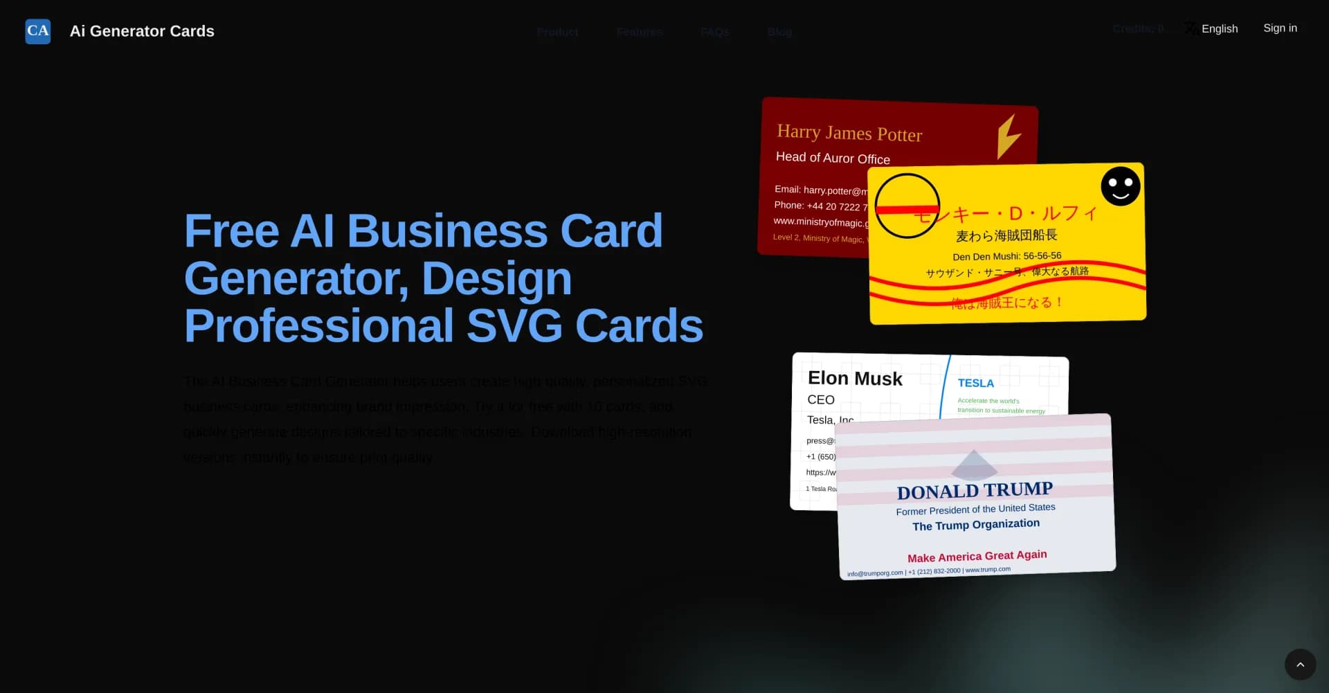 Ai Generator Cards homepage screenshot — Design stunning SVG business cards instantly with AI.