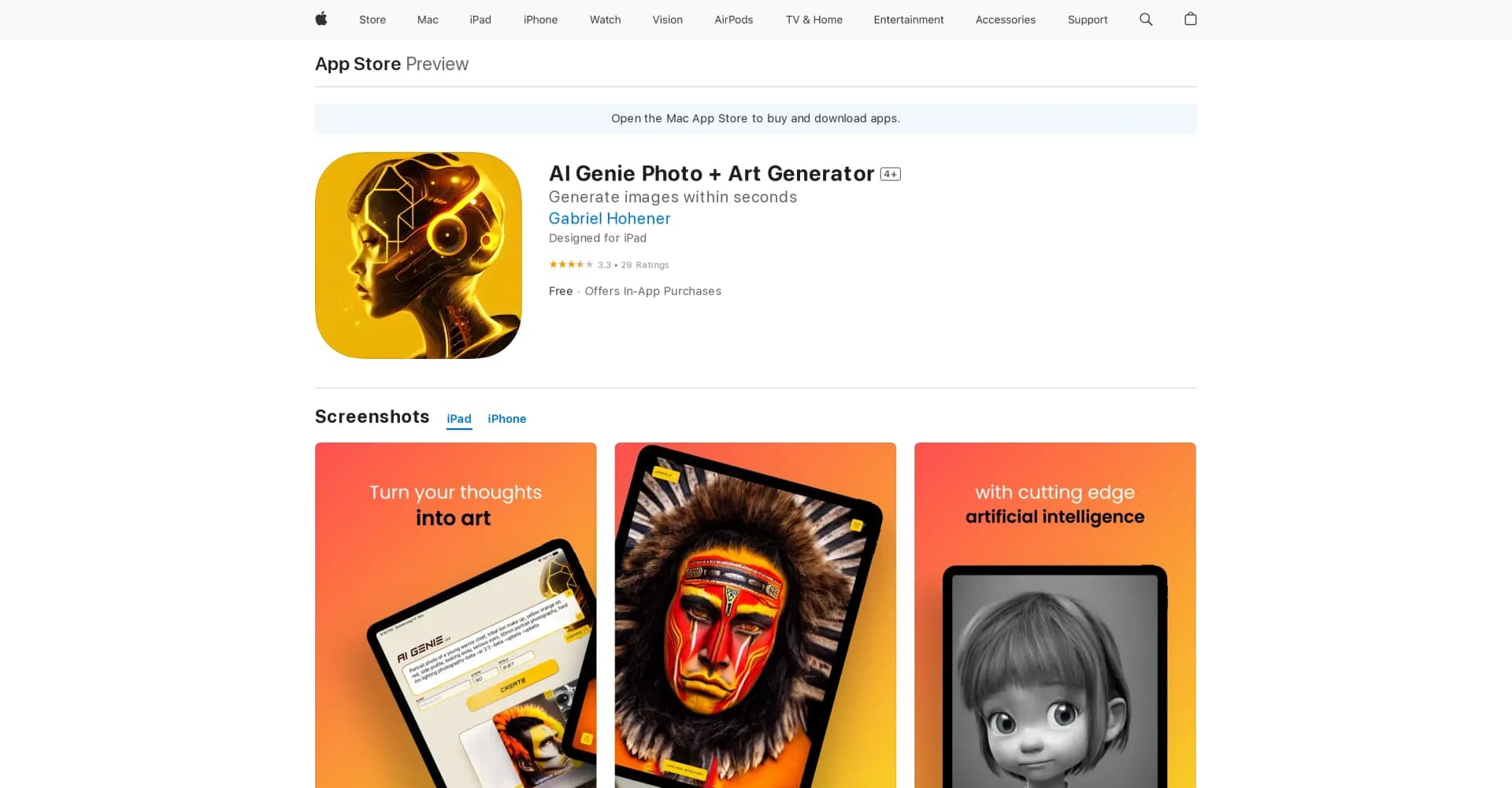 AI Genie Photo + Art Generator homepage screenshot — AI Genie - your personal digital artist.